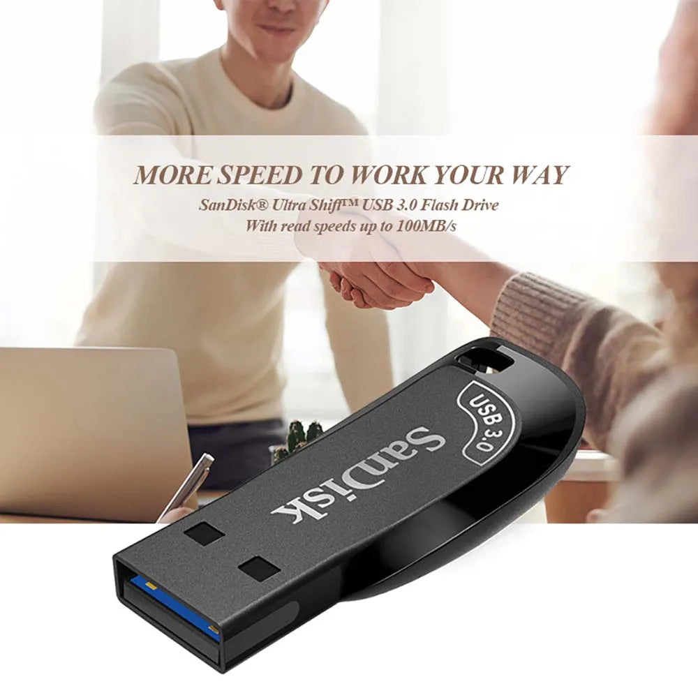 A SanDisk USB 3.0 Flash Drive - High-Speed Compact Storage is shown prominently against a blurred office backdrop with two people shaking hands, featuring text about its impressive data transfer capabilities and read speeds up to 100MB/s.