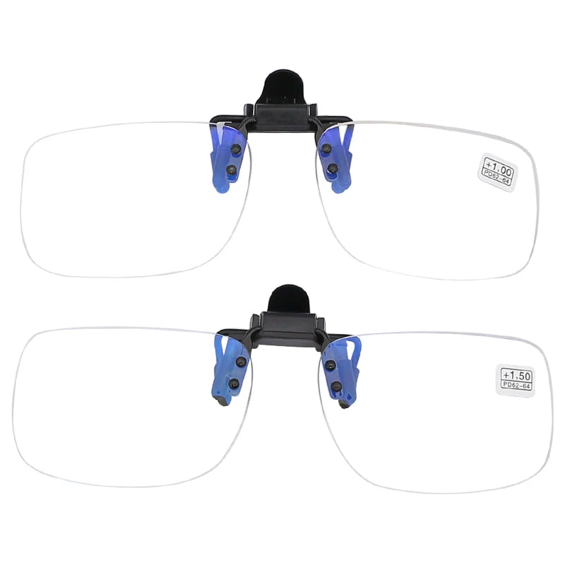 Two pairs of WALLY SKY Ultra-Light Anti Blue Light Reading Glasses with rectangular clip-on designs are shown, one at +1.00 magnification and the other at +1.50, ideal for presbyopic assistance.