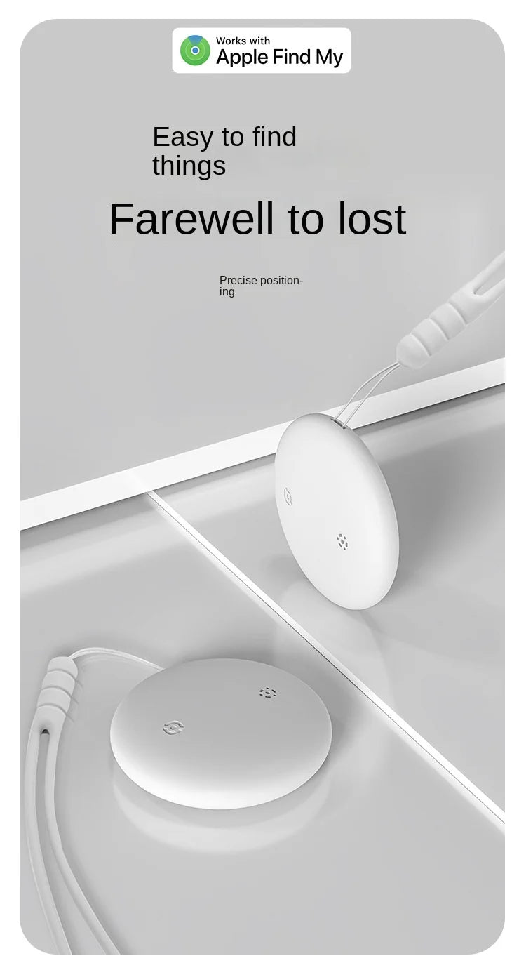 The NoEnName GPS Tracker - Bluetooth Locator for Pets is shown reflected in a mirror. The text reads Works with Apple Find My, Easy to find things, and Farewell to lost. The sleek, round device includes a cord and has a minimalistic design.