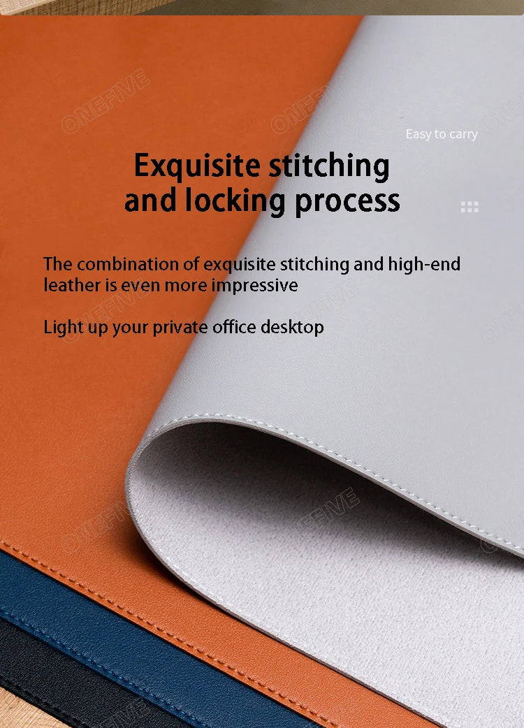 Close-up of AIPHY Large PU Leather Mouse Pads, featuring exquisite stitching and locking in brown, white, and blue. These high-end waterproof mats enhance any private office desktop.