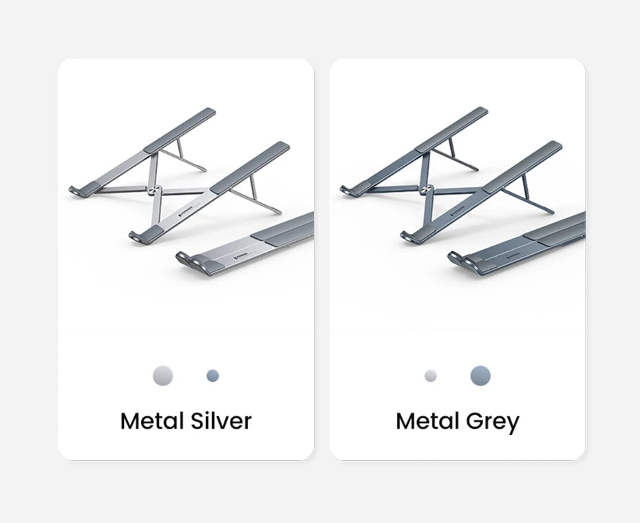 Two side-by-side images display the UGREEN Laptop Stand - Adjustable Foldable Aluminum. The left is labeled Metal Silver, and the right is Metal Grey, both with adjustable height and ergonomic design. Each is shown extended and collapsed, with color indicators under each label.
