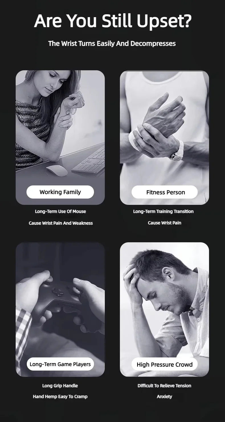 A collage of four black and white images depicts people with wrist pain: Working Family, Fitness Enthusiast, Long-Term Gamers, High Pressure Crowd. Each image suggests tips for relief using a Gyroscope Power Ball Forearm Strength Trainer for wrist strengthening exercises.