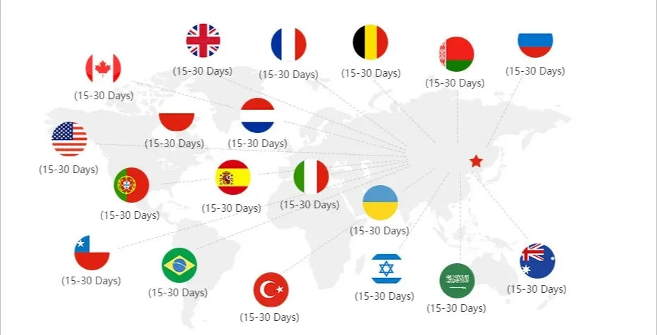 The Large Terrain Map Gaming Mouse Pad is non-slip and durable, showcasing country flags like Canada, UK, and France with labels indicating (15-30 Days), adding a global touch to your desk.