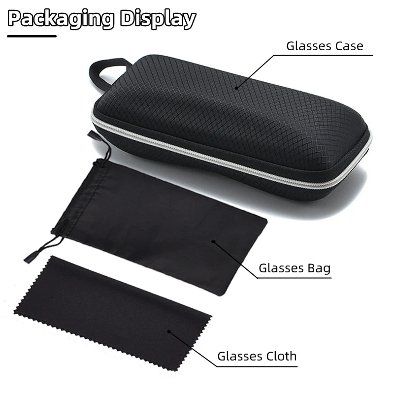 The image displays the OUTMIX Pure Titanium Anti Blue Light Reading Glasses packaging set, including a sleek black zipper case, a drawstring bag, and a soft cleaning cloth. Each component is labeled for easy identification.
