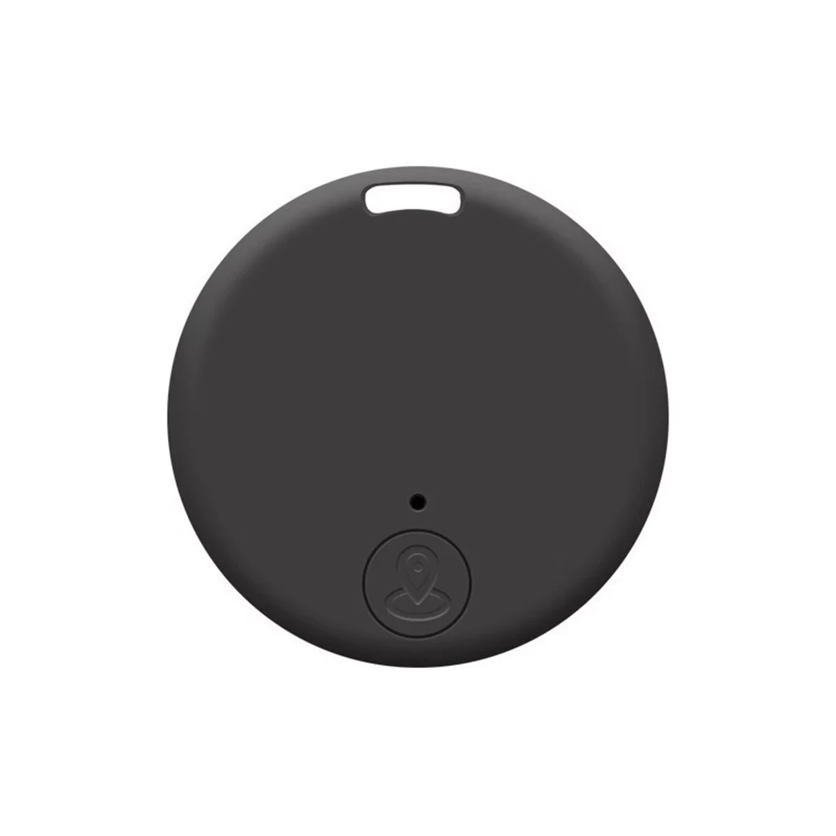 The Mini Bluetooth GPS Tracker is a compact, round, black device with a hole for keyring attachment. It features a minimalist design and a button at the bottom for easy activation of real-time location tracking, making it ideal for smart locating pets and kids.