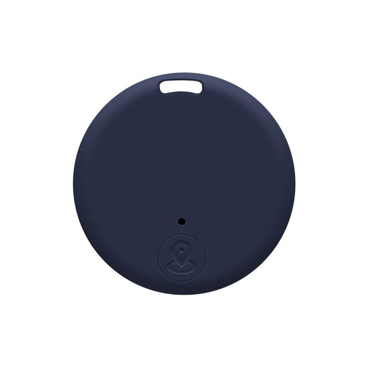 The Mini Bluetooth GPS Tracker - Smart Locator for Pets & Kids is round and dark blue, featuring a small top hole for attachment and an embossed location pin at the bottom. Ideal for real-time tracking, it stands out against a plain white background.
