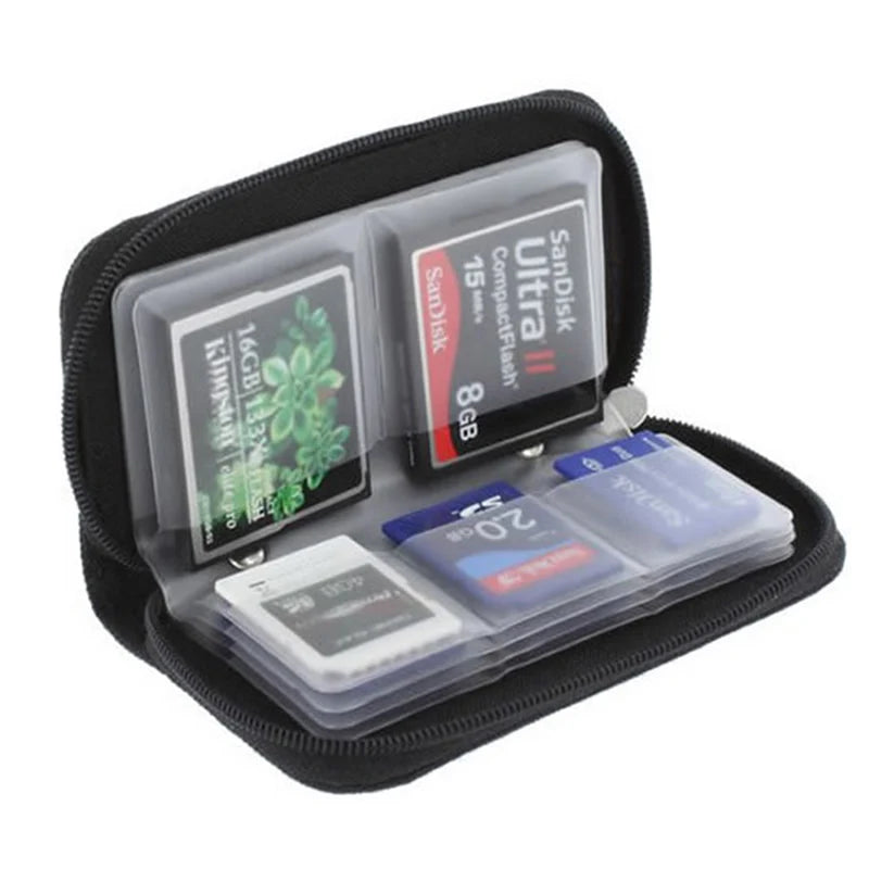 The NoEnName Memory Card Collect Bag - 22 Slot Organizer Case is open, displaying SD cards from different brands and capacities neatly organized in clear sleeves. Its water-repellent design keeps your memory cards safe and secure.