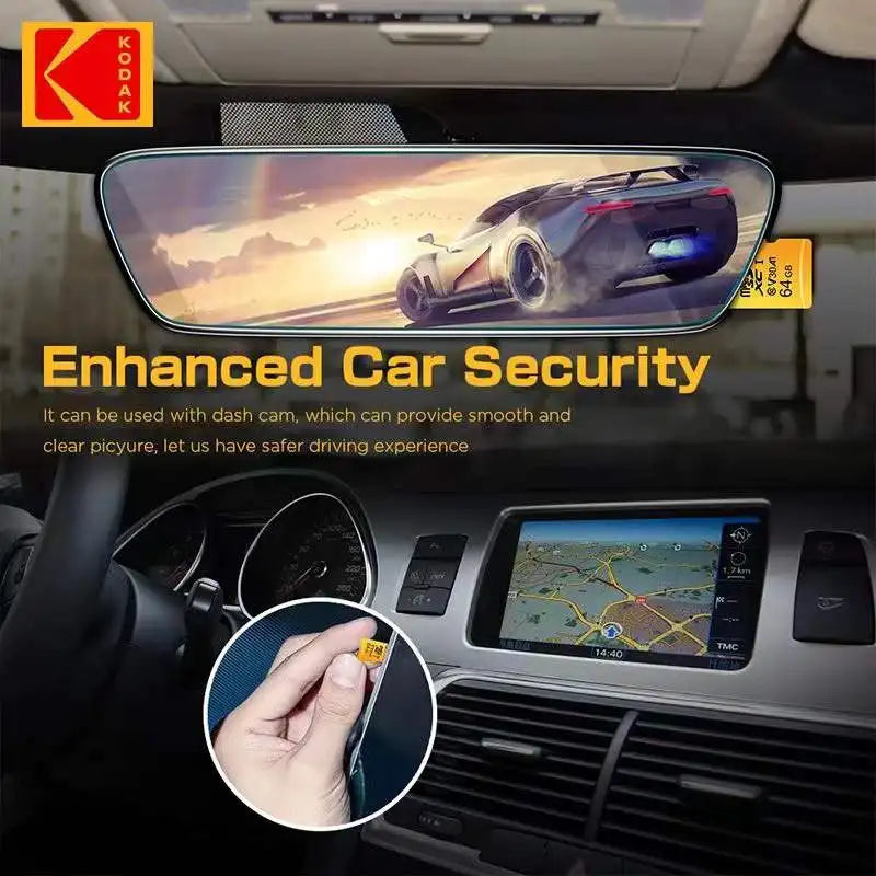 A car interior shows a dashboard, GPS, and rearview mirror with a racing car image. Text reads Enhanced Car Security. An inset features a hand holding the KODAK 128GB Micro SD Card - Class 10, High-Speed Storage.