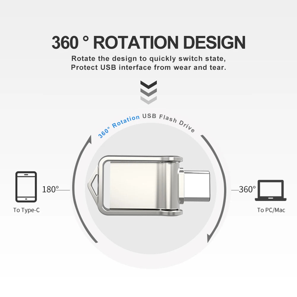 The MicroDrive Mini USB 2.0 Flash Drive, offered in 64GB and 32GB, showcases a 360-degree rotating design to prevent wear and tear while providing Type-C and standard USB connectors for easy compatibility with PCs and Macs.
