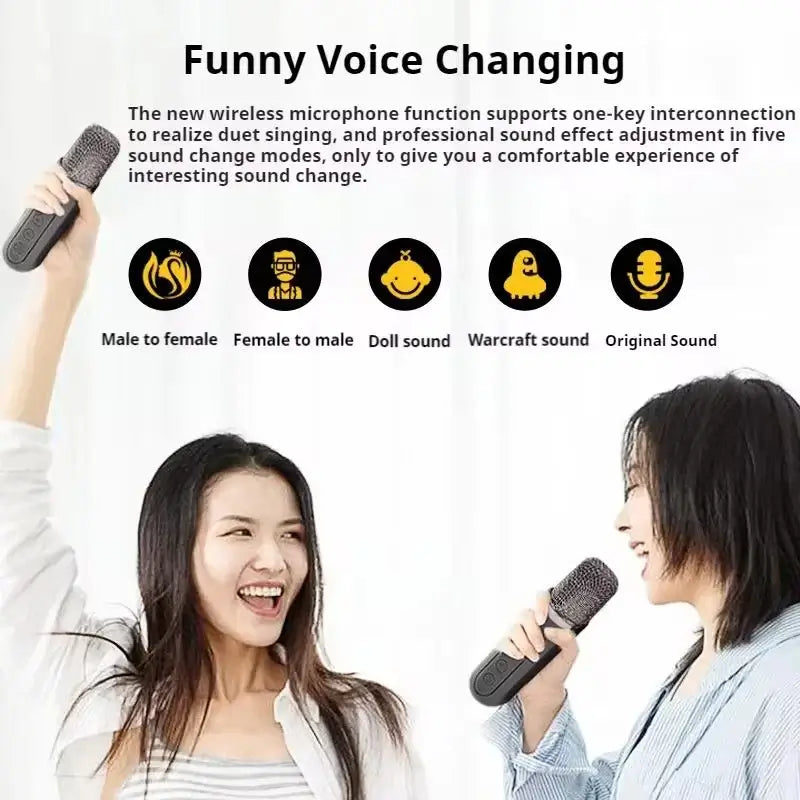 Two people smiling while holding microphones with icons above them. Text highlights the voice-changing feature of the Portable Dual Microphone Bluetooth Karaoke Machine for Parties, offering modes such as male to female, female to male, doll sound, warcraft sound, and original sound for seamless duets.