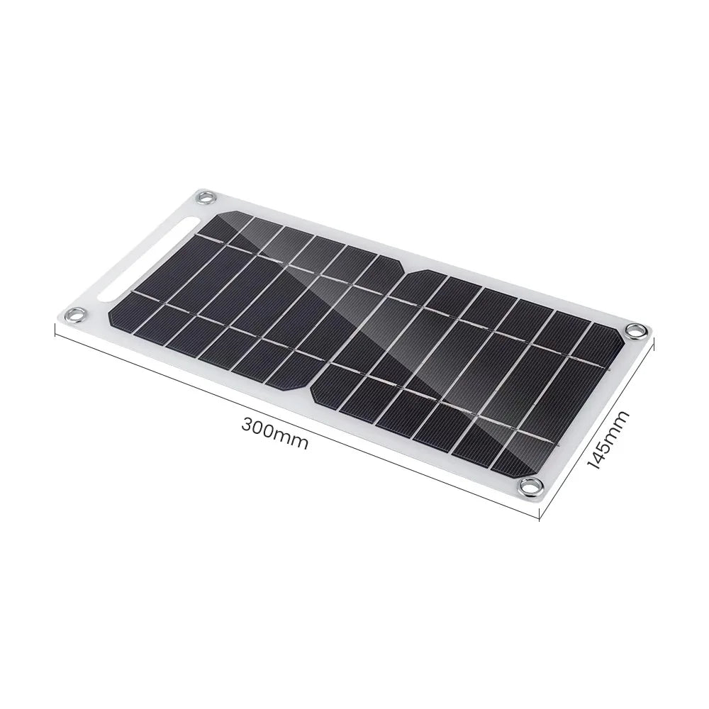The EESBAO 35W Solar Panel - Portable USB Charger is a compact rectangular solar panel with a silver frame, measuring 300mm by 145mm. Ideal for outdoor camping, it features corner mounting holes and a grid of dark photovoltaic cells, providing efficient and portable power solutions.