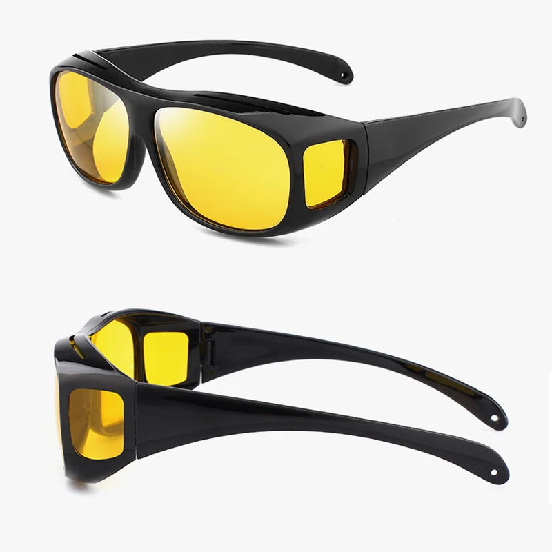 The NoEnName Night Vision Glasses - Anti-Glare Driving feature yellow-tinted black wraparound lenses. They are shown from a three-quarter view and side view, highlighting their anti-glare frame and temple design, making them ideal for driving at night.