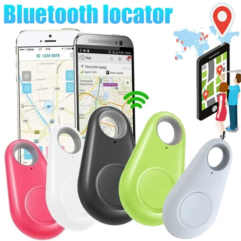 The image displays a promo setup for the Mini Smart Bluetooth Tracker - GPS Locator for Pets. It features a phone with maps, trackers in pink, white, black, and green, plus graphics of people with location pins showcasing real-time tracking. Text reads Bluetooth locator.