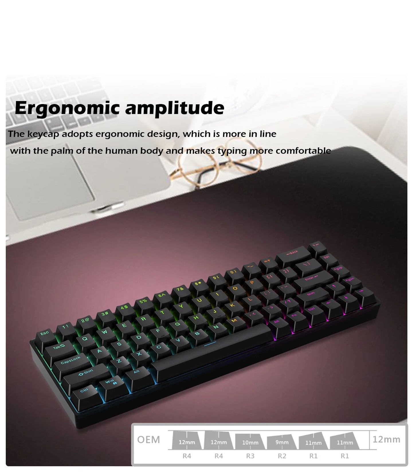 The Raven68 Magnetic Keyboard - RGB, 8K Return Rate sits on a dark desk, illuminated by vibrant RGB backlighting. A laptop and mouse pad are in the background. Text highlights its ergonomic design and comfortable typing experience.