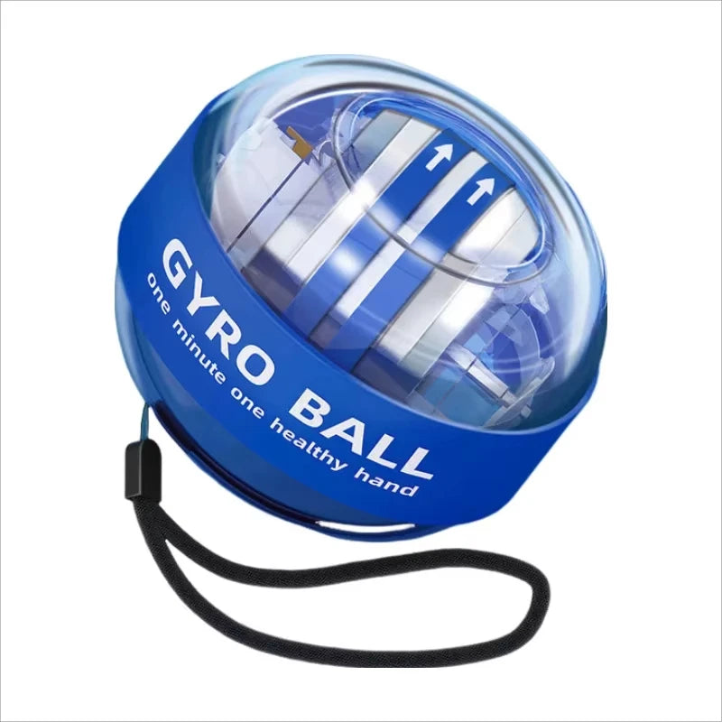The blue Gyroball Powerball, with a transparent top and wrist strap, enhances hand dexterity. It reads GYRO BALL: one minute, one healthy hand and features visible directional arrows for excellent wrist and forearm exercise.