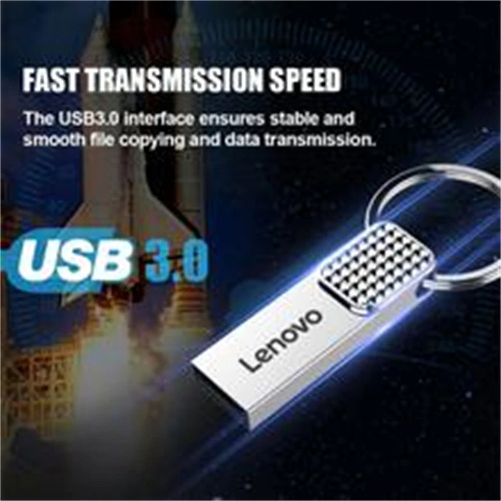 Image of a Lenovo 2TB USB 3.0 OTG Pen Drive with a keychain, featuring a space shuttle in the background. The text highlights fast data transfer, promising stable and smooth file copying on this high-speed metal drive.