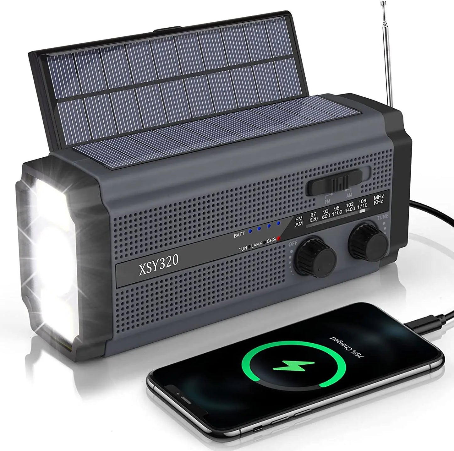 The Woopker 5000mAh Emergency Radio features a solar hand crank, LED flashlight, USB charging port, phone charging capability, tuning dials, and a small antenna.