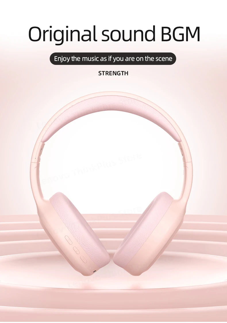 Lenovo TH30 Wireless Headphones are shown in pink against a soft pink background. Above, text reads Original sound BGM with a subtitle Enjoy the music as if you are on the scene and STRENGTH below. Experience high-fidelity sound with advanced noise cancelling for an immersive audio adventure.
