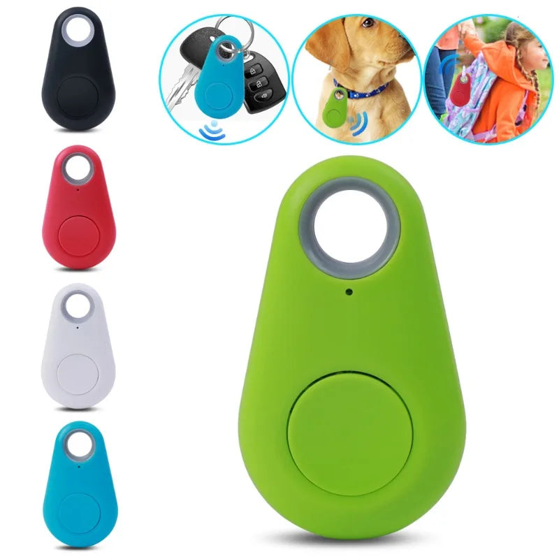 The Mini Smart Bluetooth Tracker is a vibrant collection of portable GPS trackers featuring real-time tracking in green, red, white, blue, and black. It highlights a versatile anti-lost GPS locator for keys, pet collars, and childrens backpacks.