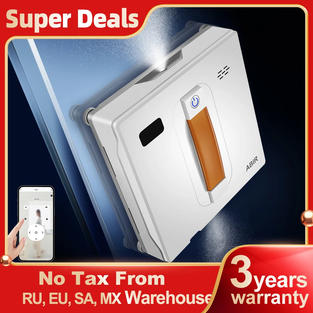 The ABIR WD8 Robot Window Vacuum, featuring dual spray and a laser sensor, is displayed alongside a smartphone app interface for smart home integration. It offers Super Deals and a 3-year warranty, shipping from RU, EU, SA, and MX warehouses with no tax.