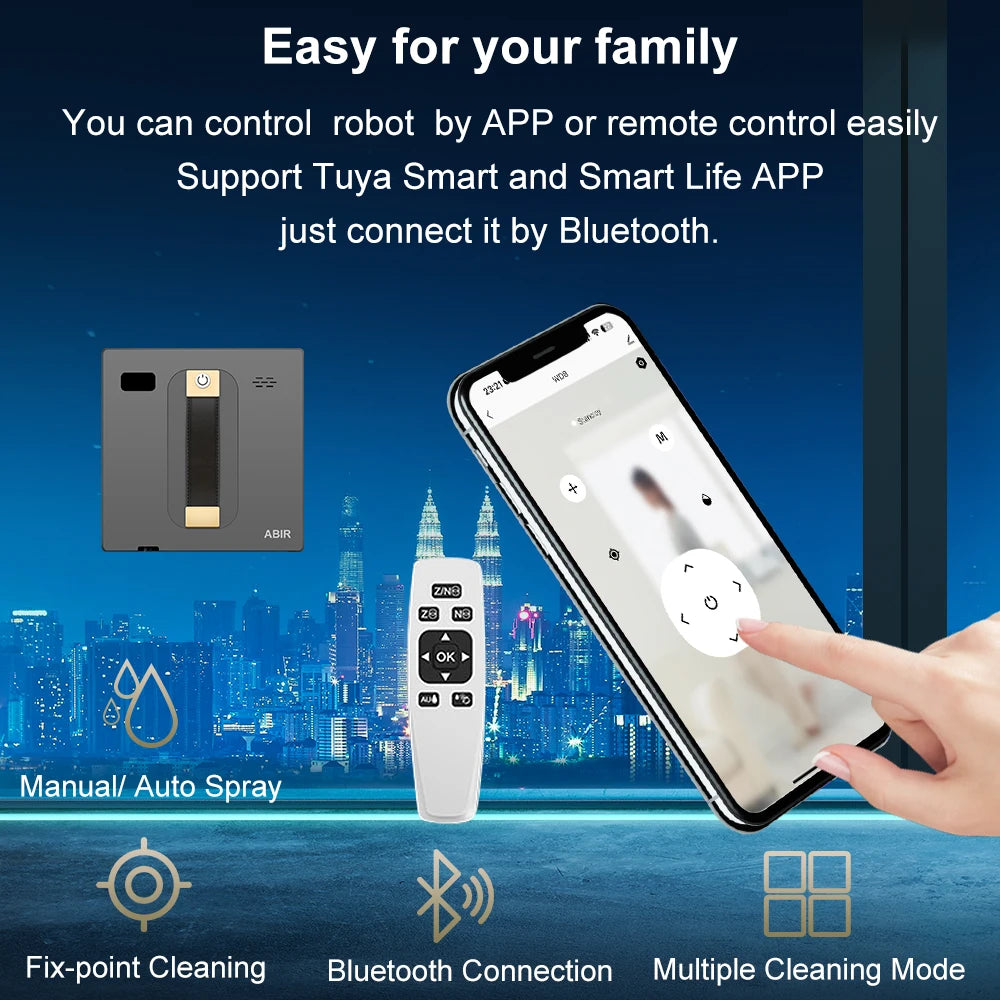 Promotional image for the ABIR WD8 Robot Window Vacuum, featuring dual spray and laser sensor. Supports smart home integration with Tuya Smart, Smart Life app, and remote control. Offers Bluetooth connectivity, manual/auto spray, fix-point cleaning, multiple modes against a city skyline backdrop.