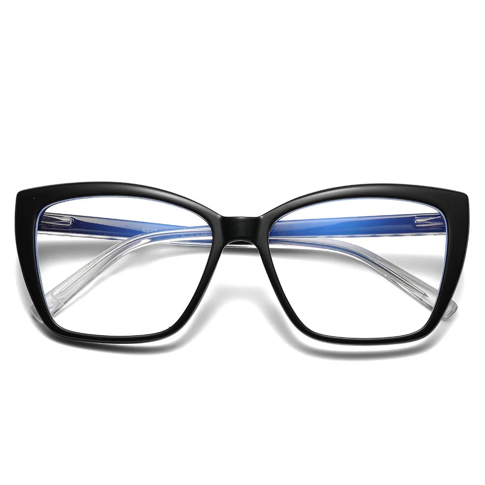 The AABV Womens Cat Eye Bifocal Reading Glasses feature black frames with translucent blue inner rims and clear, angled temples, ideal for those seeking stylish computer prescription readers.