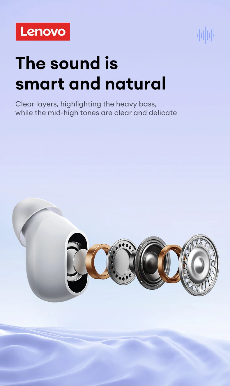 A Lenovo XT62 Bluetooth Earphones exploded view shows inner components on a light blue wavy background. Text: Smart and natural sound with clear layers. Heavy bass with clear, delicate mid-high tones. Features Bluetooth V5.3 for seamless connectivity and HiFi sport noise canceling.