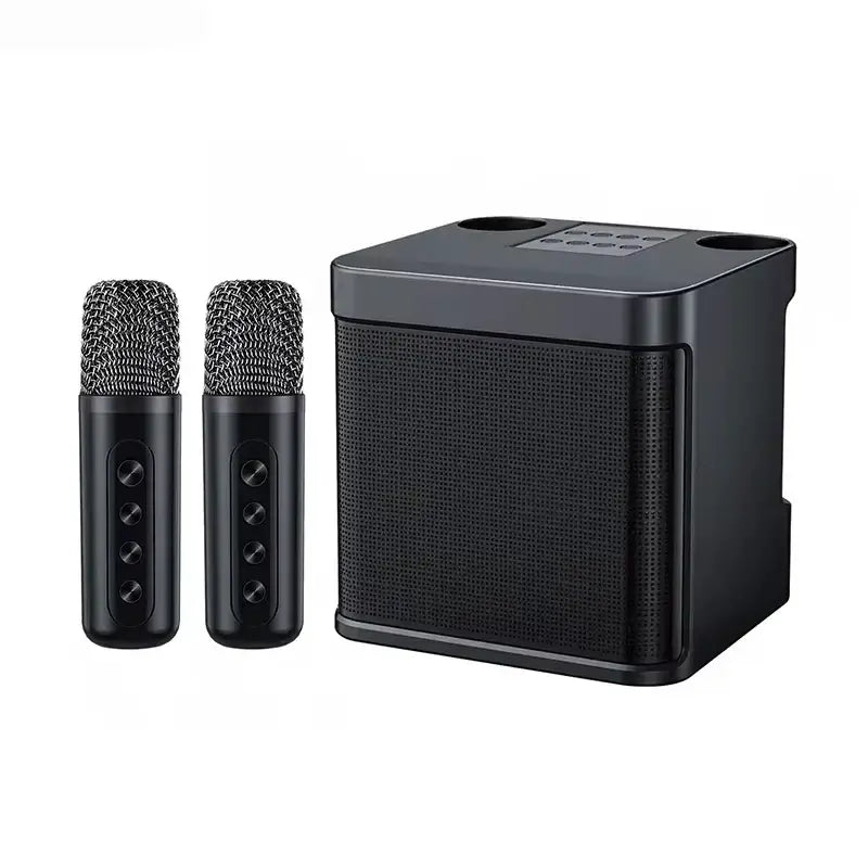 The Portable Dual Microphone Bluetooth Karaoke Machine for Parties is a stylish black, cube-shaped device with a top digital display. It includes two black wireless mics with button controls and has a mesh front for optimal sound output.
