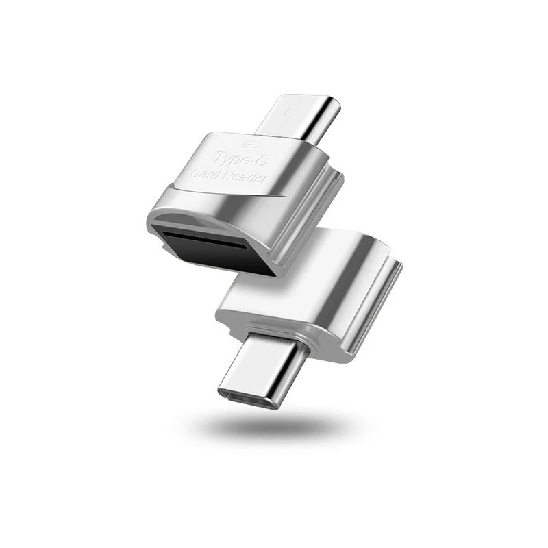 Two silver AICSRAD Type C to Micro-SD Adapter - Fast OTG Reader units float on a white background, each with a micro-SD slot and USB-C connector—ideal for Type-C devices.