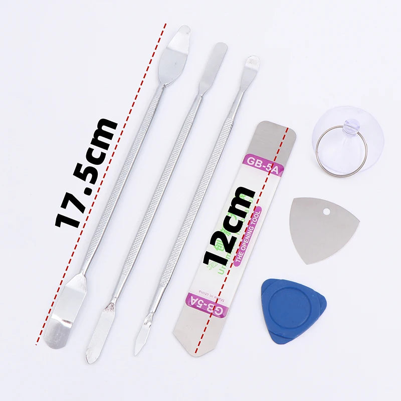 The 7pcs Metal Spudger Kit for Easy Phone Repairs features three double-ended spudgers, a metal pry tool, a suction cup with keyring, and two blue plastic picks. Tools are 17.5cm and 12cm long. Free shipping included!.