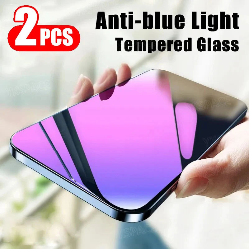 A hand holds a YKSPACE 2Pcs Anti Blue-Ray Tempered Glass Screen Protector with a shimmering purple-blue tint. Text reads 2 PCS Anti-Blue Light and Eye Care Technology at the top, set against a softly blurred background, highlighting its sleek design.