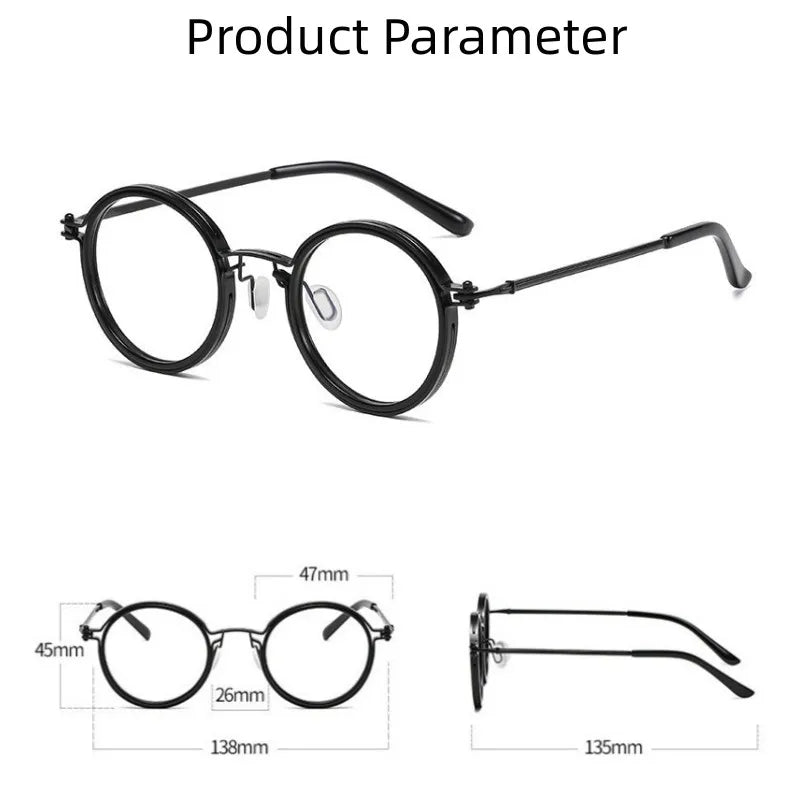 The KLASSNUM Luxury Round Frame Reading Glasses, featuring black round frames with nose pads, offer anti-blue light protection. The top image shows the front view, and a diagram below provides measurements: lens height 45mm, width 47mm, bridge 26mm, total width 138mm, and temple length 135mm.