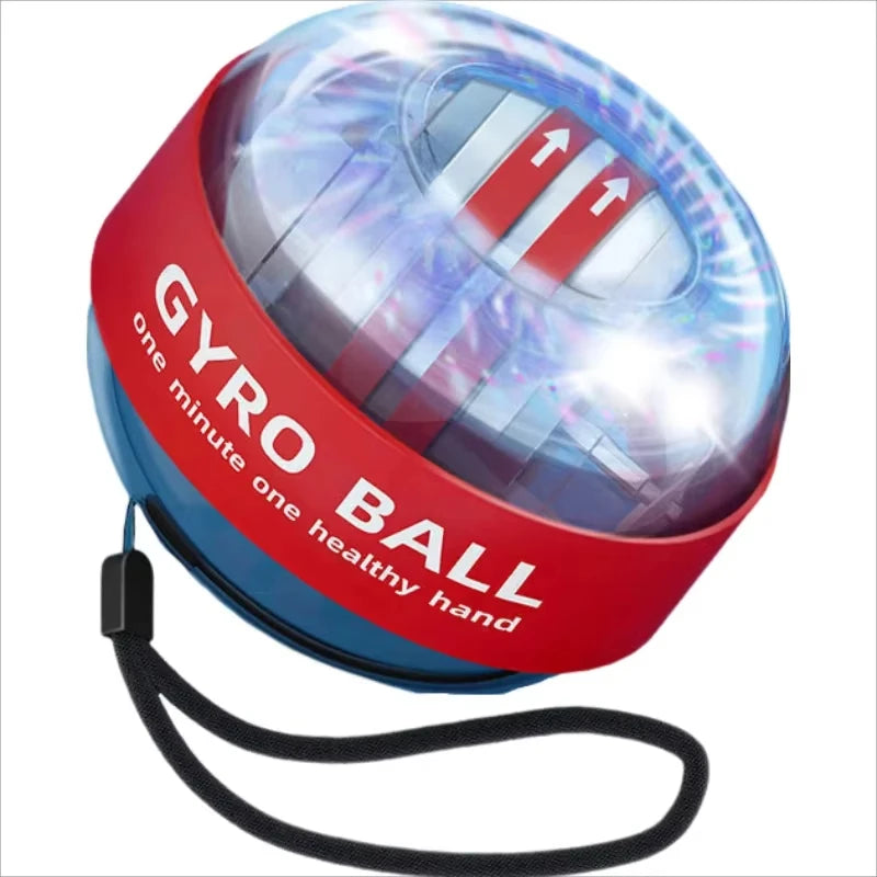 Close-up of the Gyroball Powerball Forearm Muscle Fitness Equipment with a transparent top and glowing rotor, encircled by a red band saying GYRO BALL. Designed to enhance wrist power and hand dexterity, it includes a black wrist strap for improved forearm exercise.