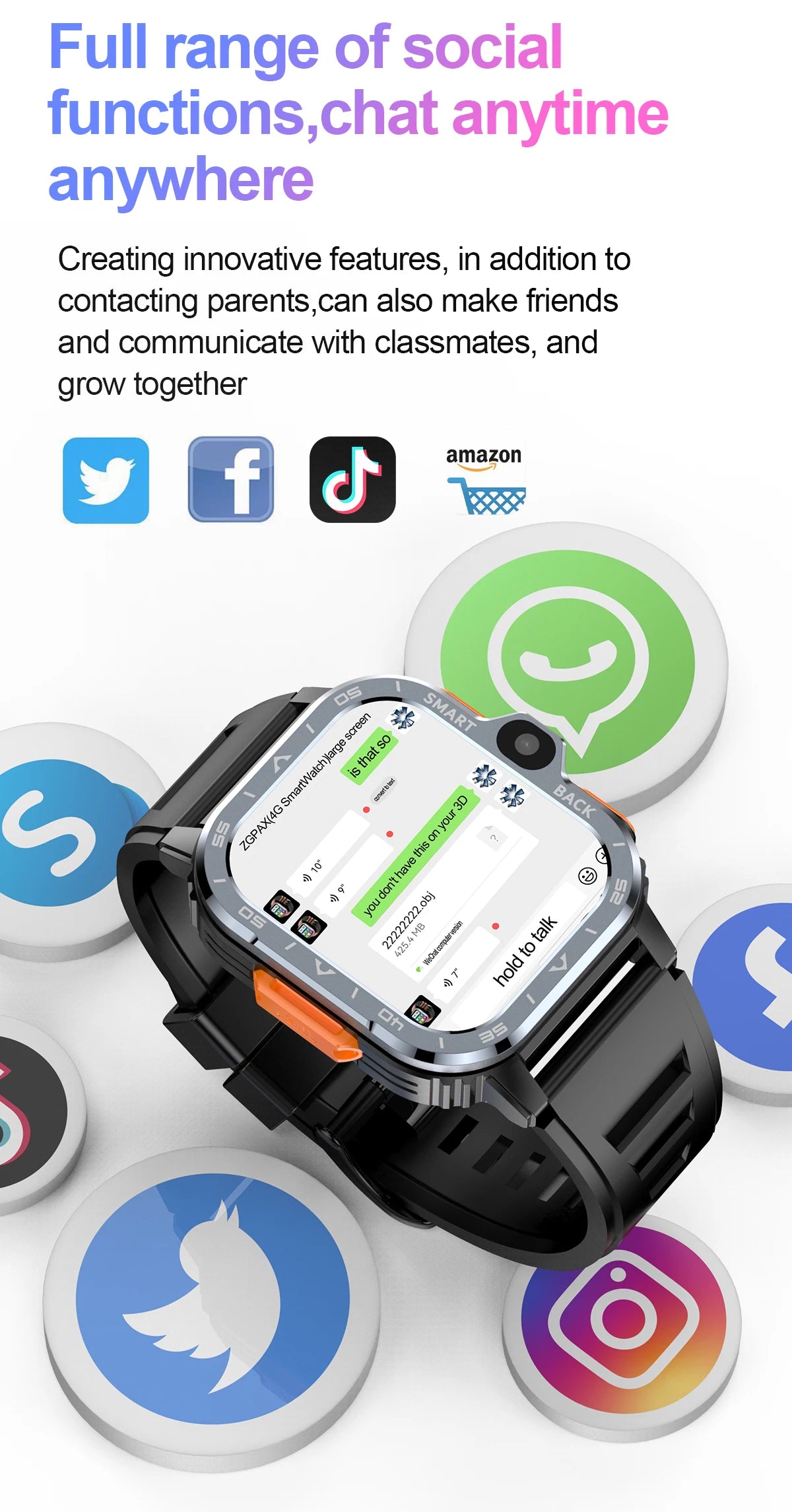 The Valdus PGD 4G Smart Watch for Men, featuring dual cameras and a messaging interface, is enhanced by social media icons like Facebook, Twitter, and TikTok, allowing you to chat and stay connected with friends and classmates anytime.