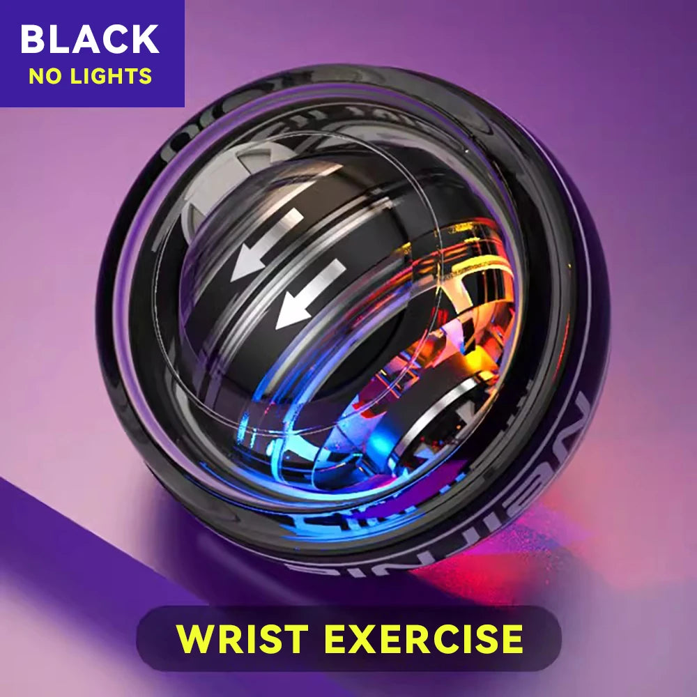 The black Wrist Trainer Self-starting Gyro Ball features colorful internal lights set against a purple background. It reads BLACK NO LIGHTS and WRIST EXERCISE, with guiding arrows and adjustable intensity for motion inside this wrist exerciser.
