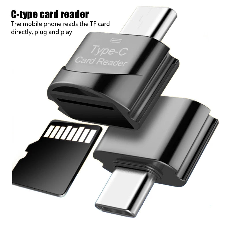 Two AICSRAD Type C to Micro-SD Adapter - Fast OTG Reader devices are shown, one facing up and one down, with a TF card nearby. This plug-and-play adapter lets Type-C devices read microSD cards directly.
