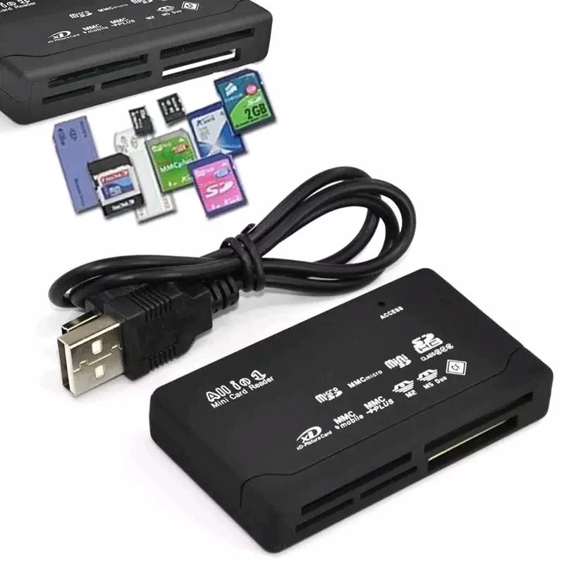 The USB 2.0 Mini Memory Card Reader With Multi-Card Support, shown in black, features multiple clearly labeled slots for SD, microSD, and MS cards, supporting various card types for easy connectivity.