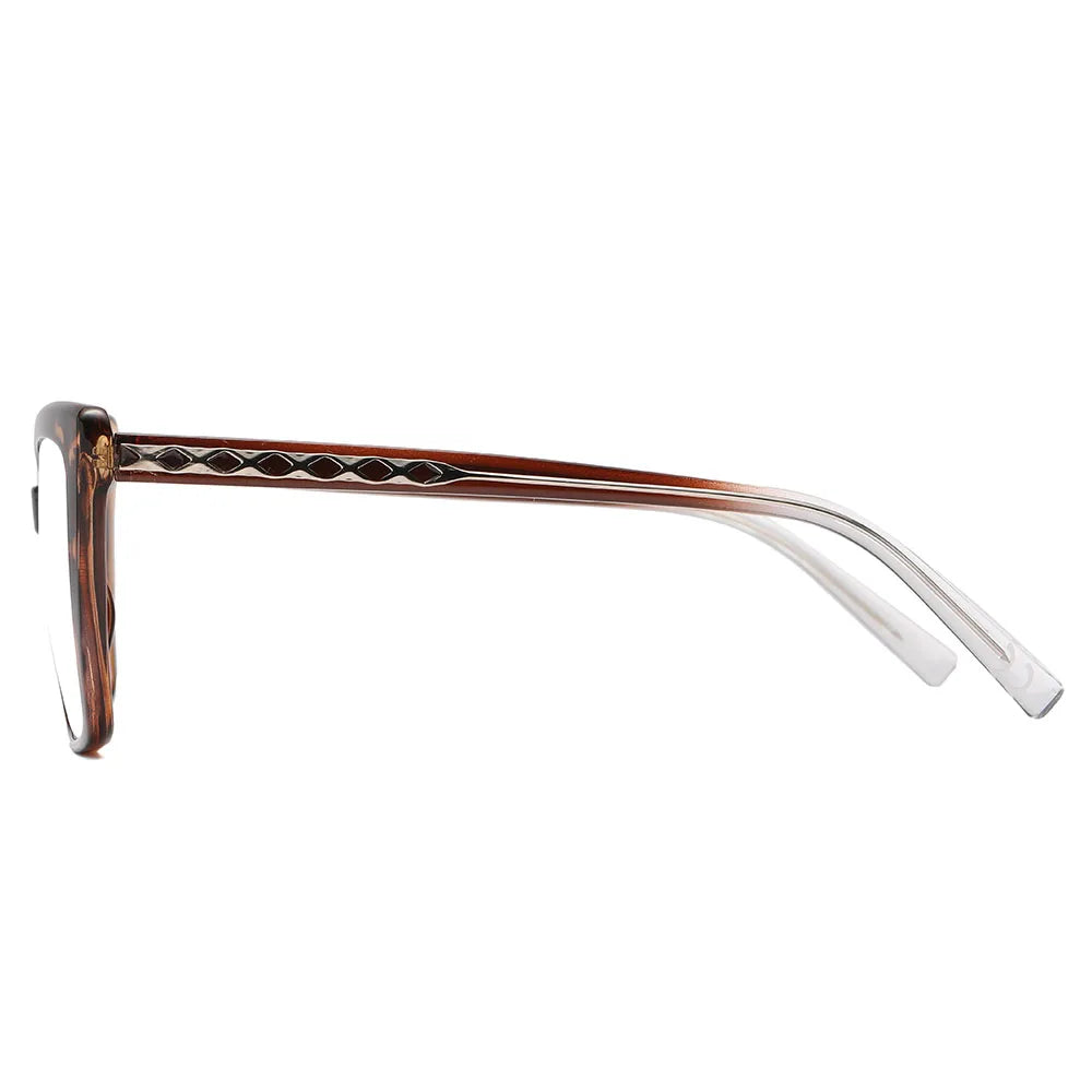 The AABV Womens Cat Eye Bifocal Reading Glasses showcase a brown tortoiseshell-patterned frame. The transparent temple arms have a subtle diamond pattern, skillfully merging classic and modern styles.