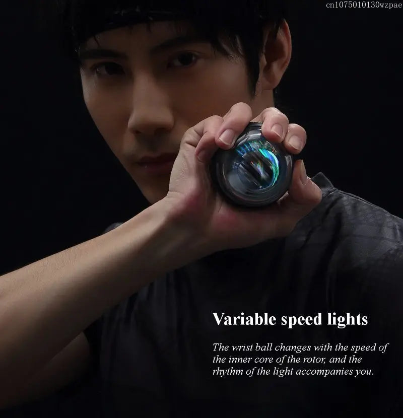 A person holds a dynamic, glowing Xiaomi Forearm Exerciser LED Gyroball Trainer. The text reads, Variable speed lights. This gyroball adjusts with the inner cores speed and rhythm, enhancing the experience while boosting grip strength.
