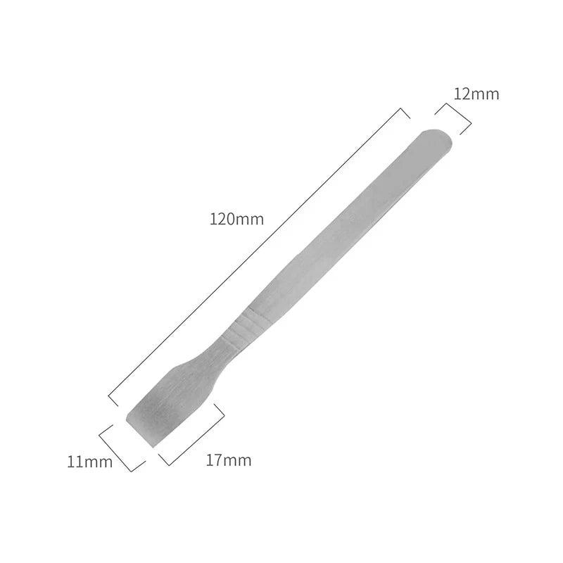 The NoEnName 28 in 1 Screwdriver Tool Kit for Mobile Repairs includes a flat gray metal spatula, measuring 120mm in length with widths from 12mm to 17mm, perfect for precision tasks and handling delicate electronic devices.