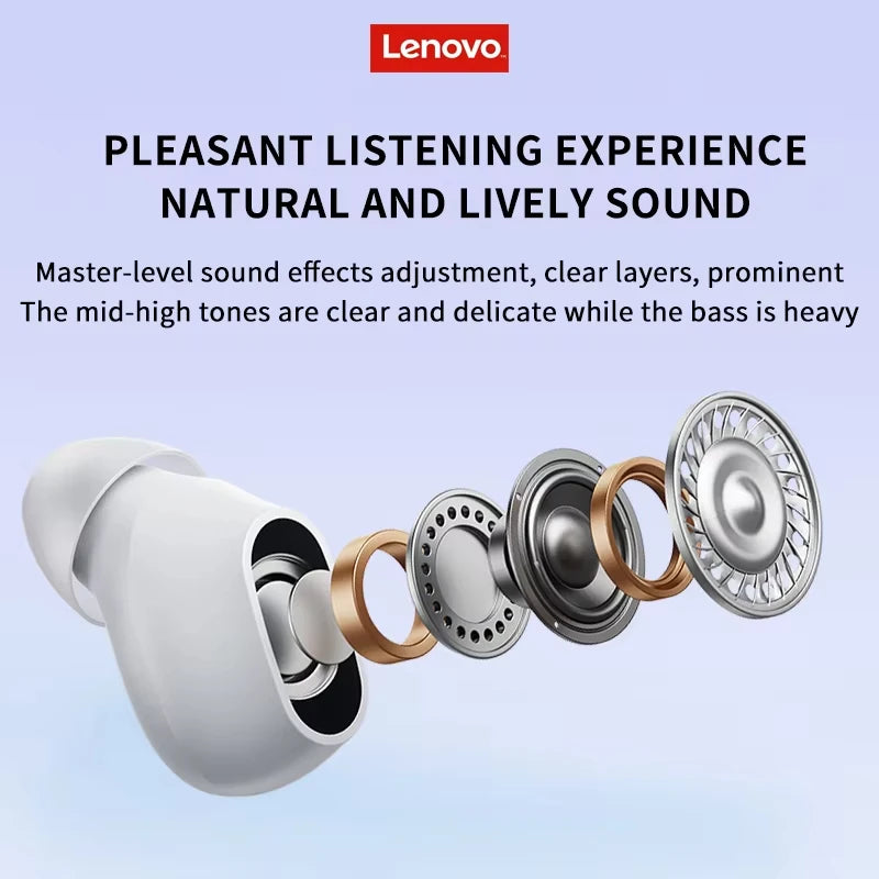 An exploded view of the Lenovo XT62 Bluetooth Earphones - HiFi Sport Noise Canceling shows internal components on a light gradient background, highlighting Bluetooth V5.3, sound effects adjustment, clear tones, and heavy bass for an enhanced listening experience. The Lenovo logo is at the top.