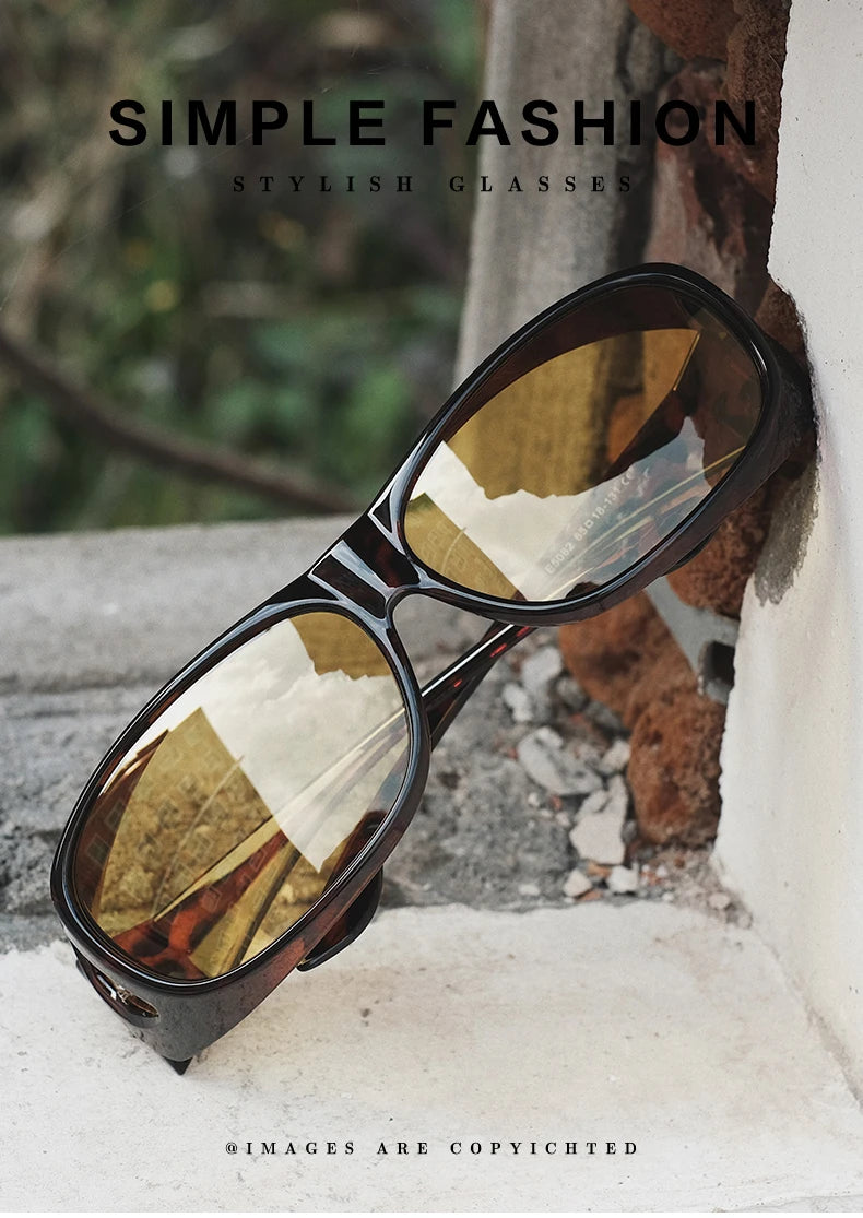 MOKDUFF Polarized Sunglasses, which fit comfortably over glasses and feature stylish yellow-tinted lenses with UV400 protection, rest against a rustic brick and plaster window ledge. Above them, the text reads: Simple Fashion Stylish Glasses.