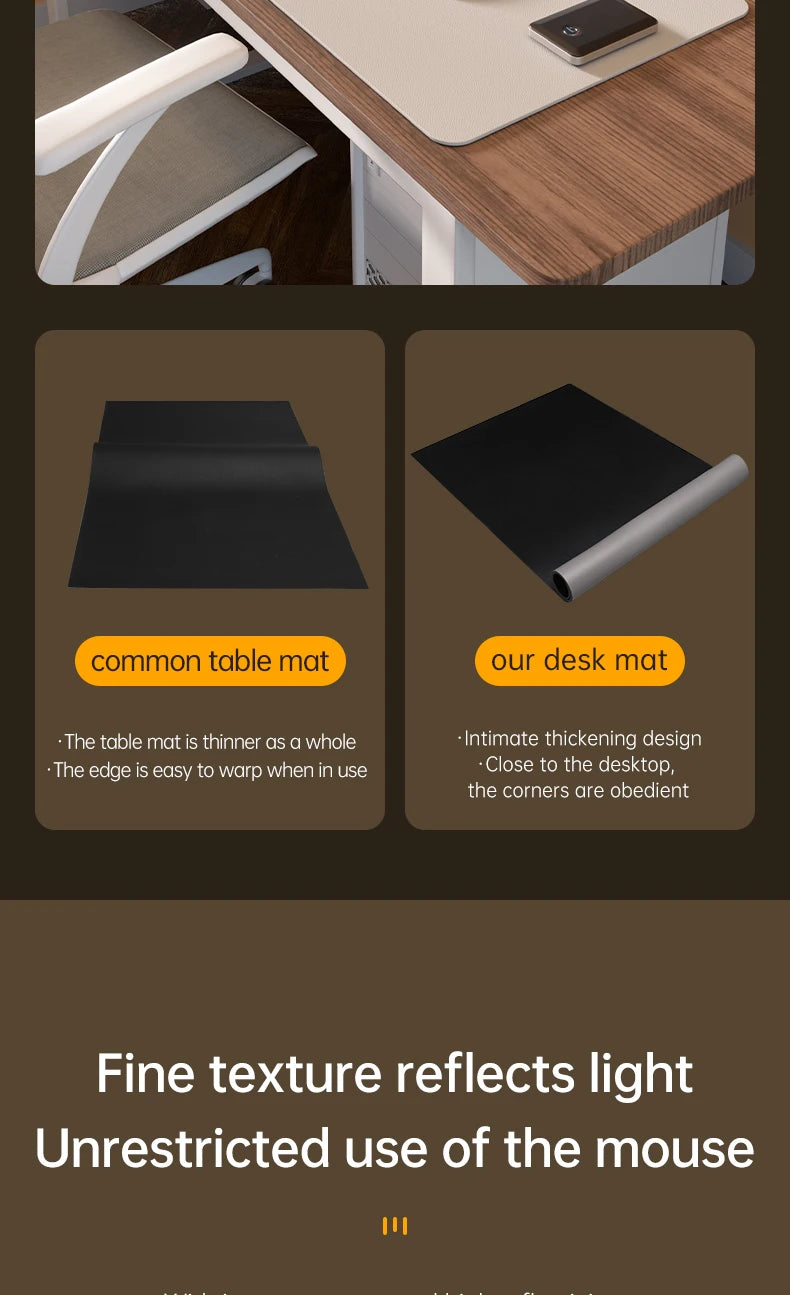 The office setup features a smartphone on a desk with the Xummen Large Mouse Pad - Waterproof PU Gaming Desk Mat, contrasting with a common mat to highlight its superior thickness and sleek design. Text emphasizes its texture, non-slip base, and suitability for gaming or work.