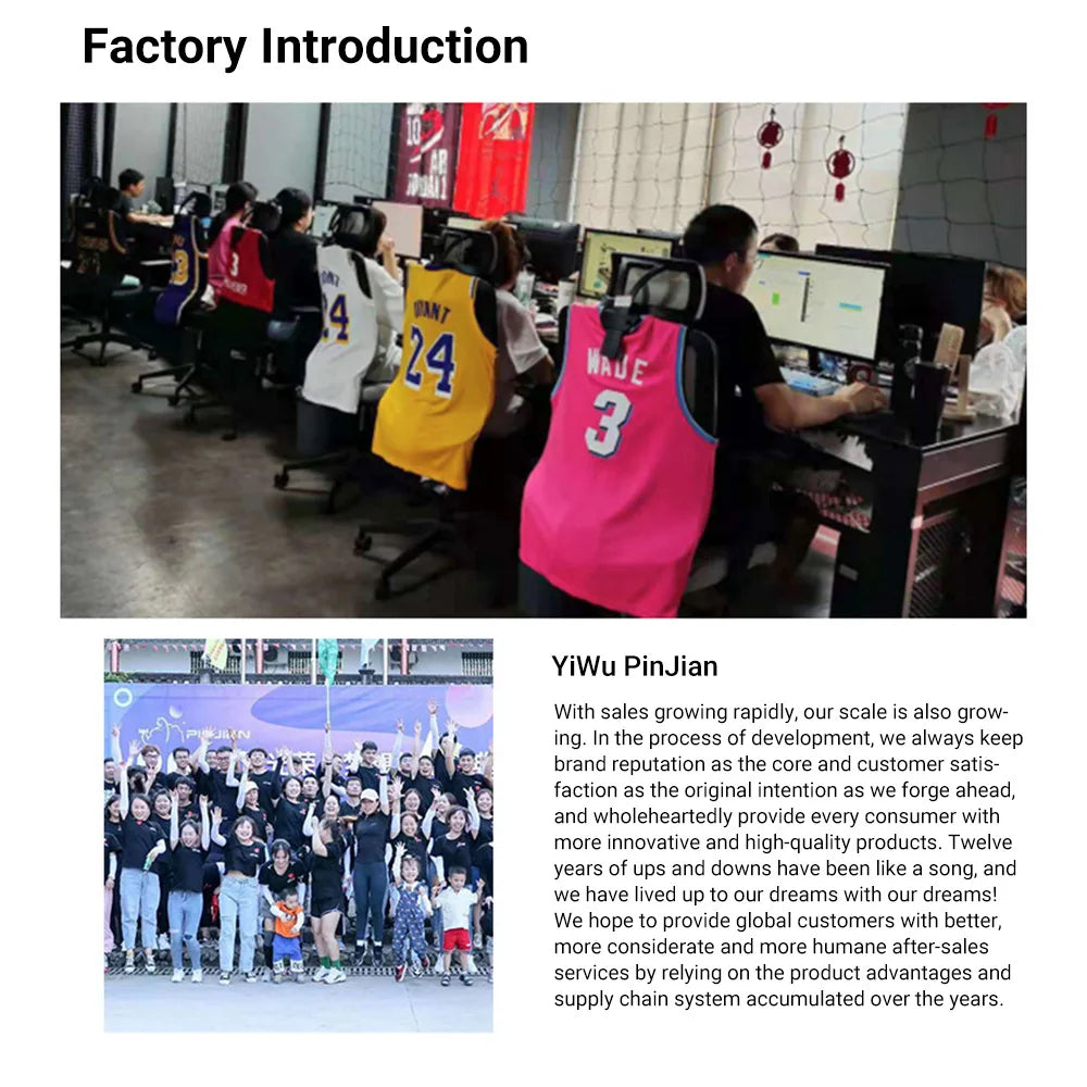 Top image: factory employees in sports jerseys at computers using adjustable Wrist Trainer Self-starting Gyro Balls for strength. Bottom image: large group posing outdoors, some with raised hands. Text details the companys growth and goals.