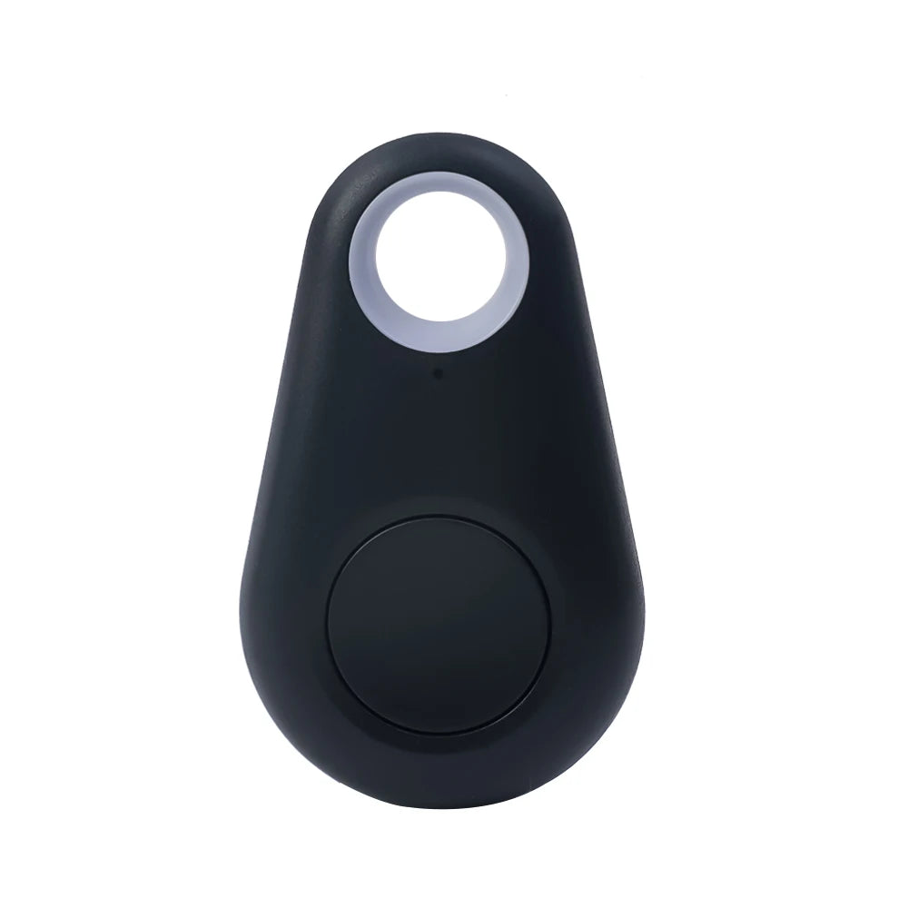 The Mini Smart Bluetooth Tracker is a sleek black keychain device featuring a circular button and key attachment, offering real-time tracking as an essential anti-lost GPS locator for pets.