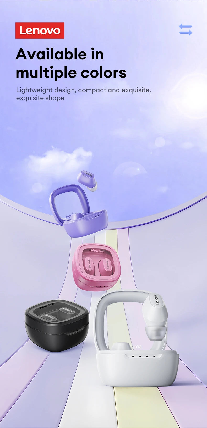 The Lenovo XT62 Bluetooth Earphones - HiFi Sport Noise Canceling are shown against a pastel sky background. The earbuds in white, pink, and black highlight their lightweight, compact design and noise-canceling headset feature with the text Available in multiple colors.