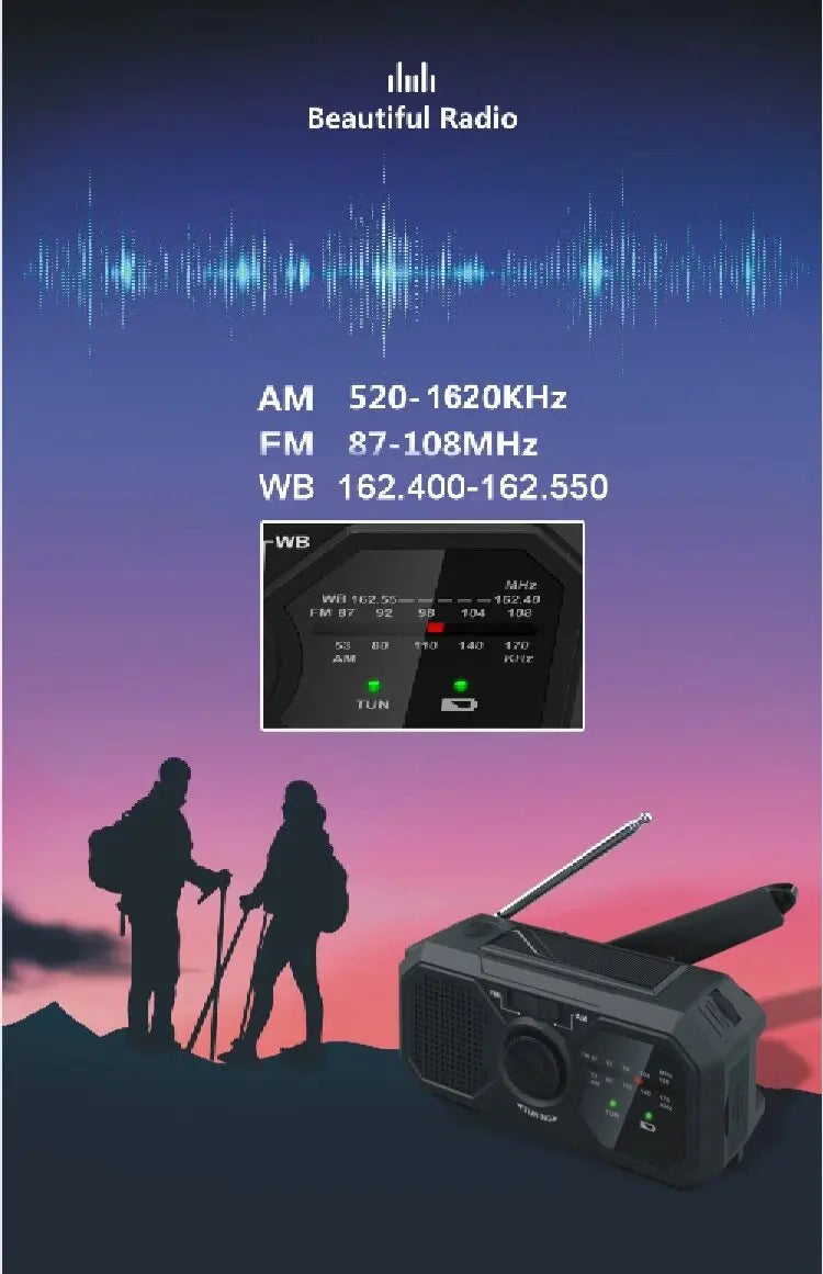 Silhouetted hikers at dusk with a Sayin Portable Solar Radio with Power Bank & Flashlight in the foreground. Frequency: AM 520-1620KHz, FM 87-108MHz, WB 162.400-162.550. Blue soundwave graphic says Beautiful Radio, ideal for emergencies and adventures as a power bank tool.