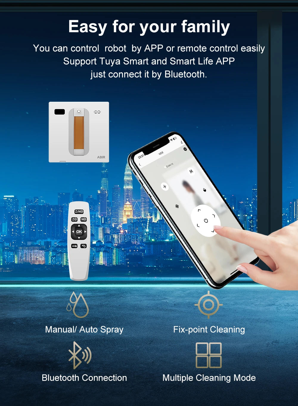 A finger operates a smartphone app for the ABIR WD8 Robot Window Vacuum against city lights. Icons show options: manual/auto spray, fix-point cleaning, smart home integration, and multiple modes—all enhanced by a dual spray system and laser sensor.
