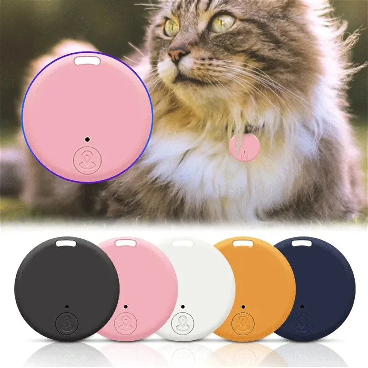 A fluffy cat sports a pink tag, the Mini Bluetooth GPS Tracker, also known for its Smart Locator abilities. Below the cat are five tags in black, pink, white, orange, and blue. Each tag serves as a Smart Pet Locator Device with a small circular button on it.