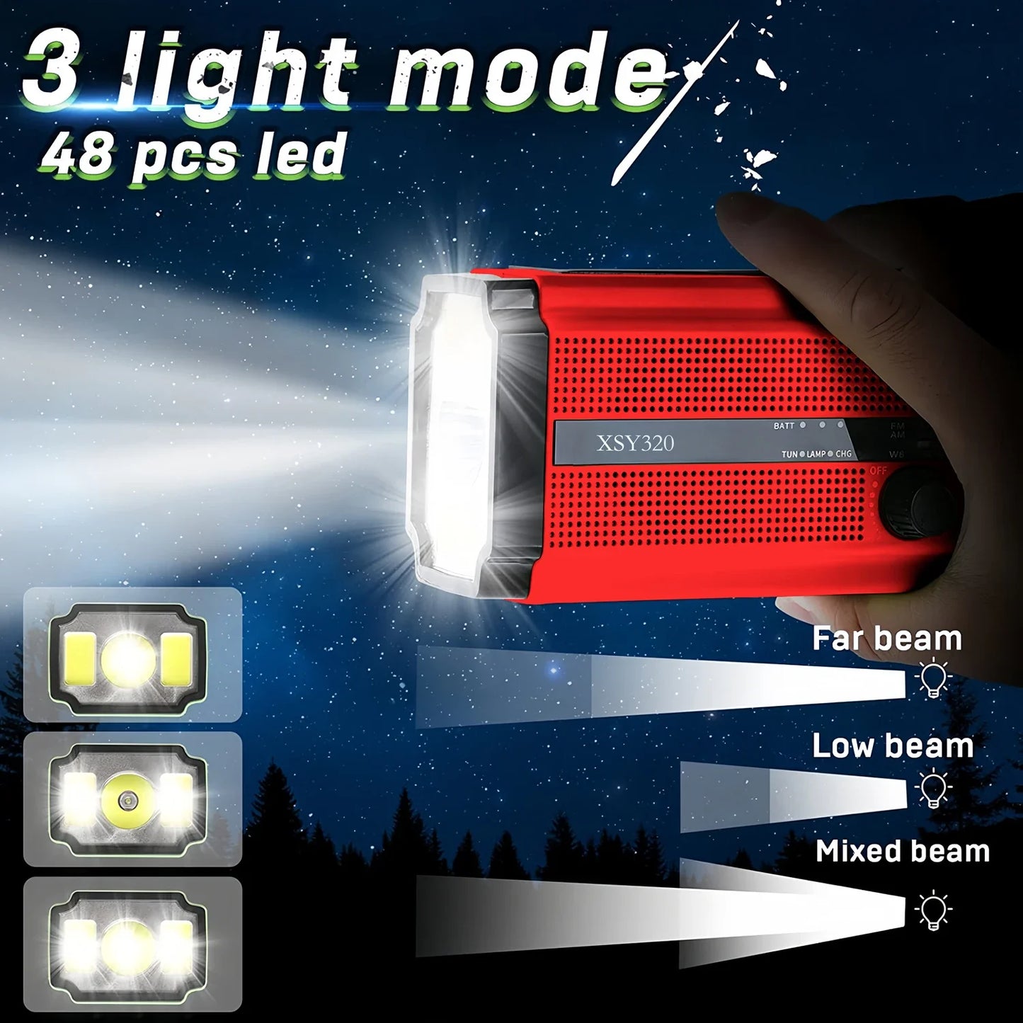 The Woopker 5000mAh Emergency Radio features a red LED flashlight with 48 LEDs, set against a starry night sky. It offers three light modes: far beam, low beam, and mixed beam, illustrated with side graphics. Ideal for emergencies and night adventures, its your ultimate power outage companion.